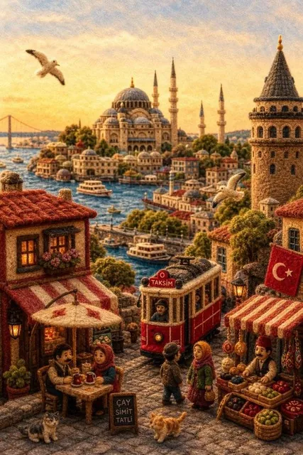 A miniature felt diorama made of fluffy yarn, wool, and needlework, depicting a cohesive small world reflecting the real landscape, culture, and daily life of a specific country, with foreground shops and people, midground streets and bridges, and a background landmark or skyline, warm golden hour l