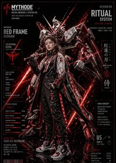 A high-quality 8K editorial fashion poster featuring a female model in ultra-detailed Mecha-inspired techwear, standing confidently in front of a massive glowing mecha suit, with cinematic lighting, particles, and futuristic UI overlays.