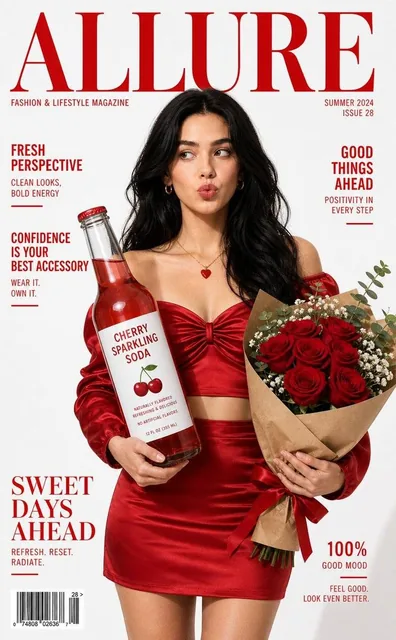 A young American woman with long black hair in soft waves wears a red satin off-shoulder crop top and matching high-waist skirt. She holds a glass bottle of Cherry Sparkling Soda in one hand and a bouquet of red roses in the other. Studio lighting, clean white background, magazine cover layout with