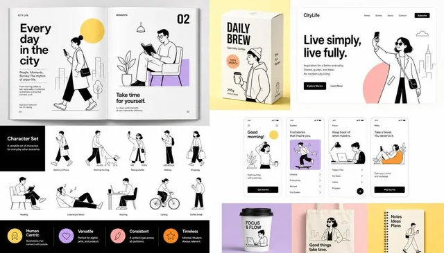 A modern editorial illustration system with minimalist black-and-white line art characters across magazine spread, product packaging, website hero, mobile app screens, and character sheet. Urban lifestyle scenes like commuting, selfies, dog walking, reading, and shopping. Clean geometric style with