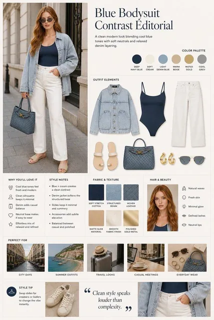 A fashion editorial split layout with a model photo on the left and a styled outfit board on the right, featuring a woman in navy bodysuit, denim jacket, cream jeans, and beige sandals, with flat lay items, color swatches, and typography on the right, modern minimalist magazine aesthetic.