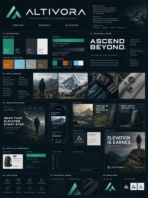 A premium vertical brand guideline board designed with a structured modular grid, showcasing color palettes, typography, visual language, brand applications, UI components, icon system, and patterns. The layout is clean, professional, and reflects a high-end agency presentation.