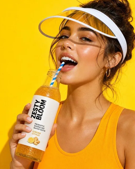 A close-up beauty shot of a glowing young woman drinking from a glass bottle labeled ZESTY BLOOM Probiotic Sparkling Water Kefir Ginger Citrus using a striped straw, wearing a yellow tank top and white visor cap, with dewy skin and glossy lips against a bold solid yellow background.