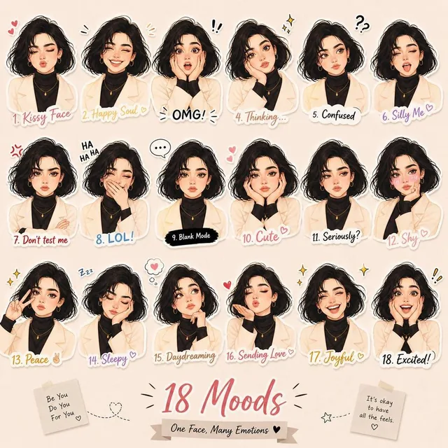 Aesthetic illustrated sticker-style collage of a young woman with short wavy black hair, wearing a black turtleneck and beige blazer, showing 18 different facial expressions in a soft pastel theme with cute handwritten labels.