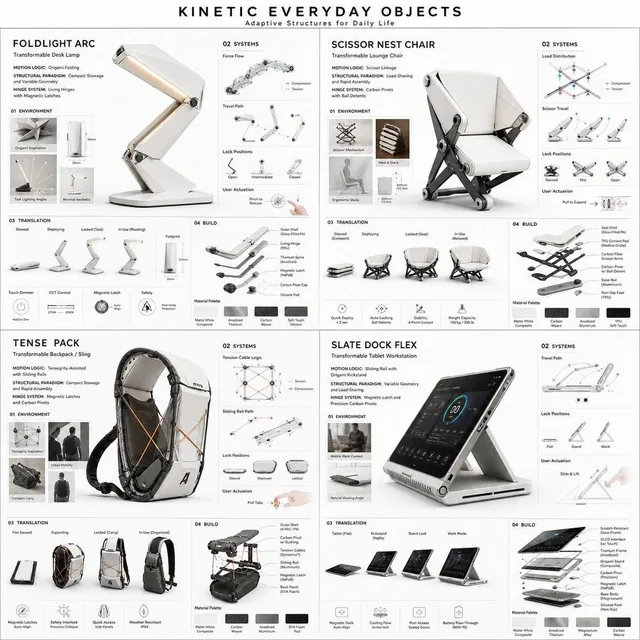 A 2x2 grid technical design board for 4 everyday objects transformed into kinetic concepts. Top-left shows motion logic studies with origami folding and scissor linkage. Top-right diagrams structural paradigms with load-sharing and variable geometry. Bottom-left displays translation states: stowed,