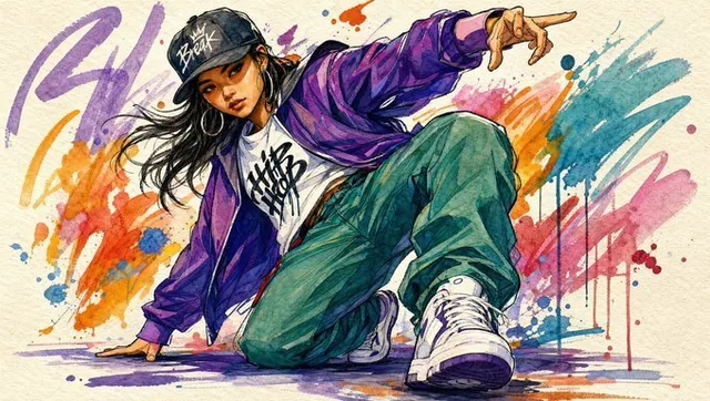 A hand-drawn illustration with bold expressive lines, filled with vibrant colors, featuring watercolor or marker-style coloring, dynamic brush strokes, and a lively composition on textured paper background.