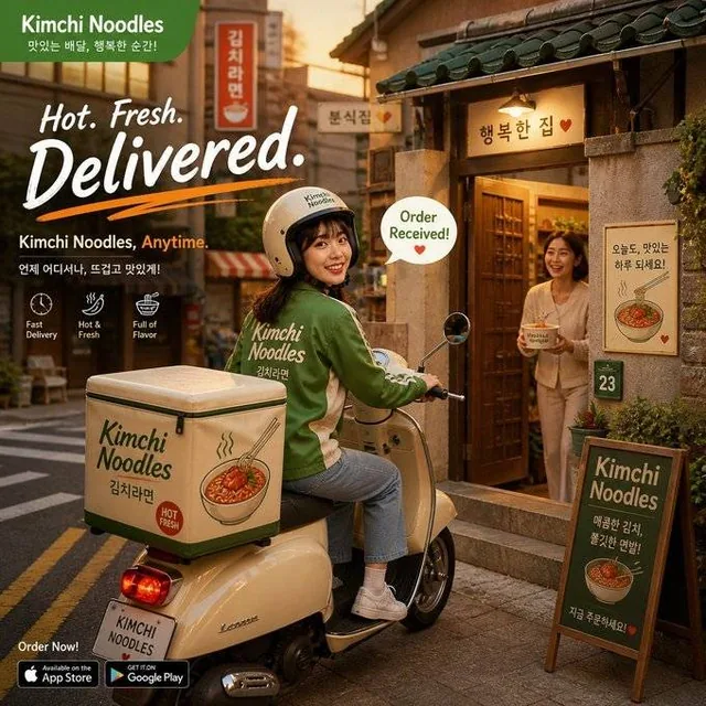 A cinematic, warm, and cozy ad-quality scene of a Korean girl on a scooty delivering steaming kimchi noodles, with soft lo-fi background and Korean voiceover.