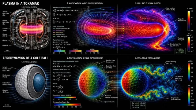 A 2x1 grid scientific visualization comparing plasma dynamics in a tokamak vacuum vessel and aerodynamics of a golf ball, with computational streamlines and false-color rendering on a dark background.