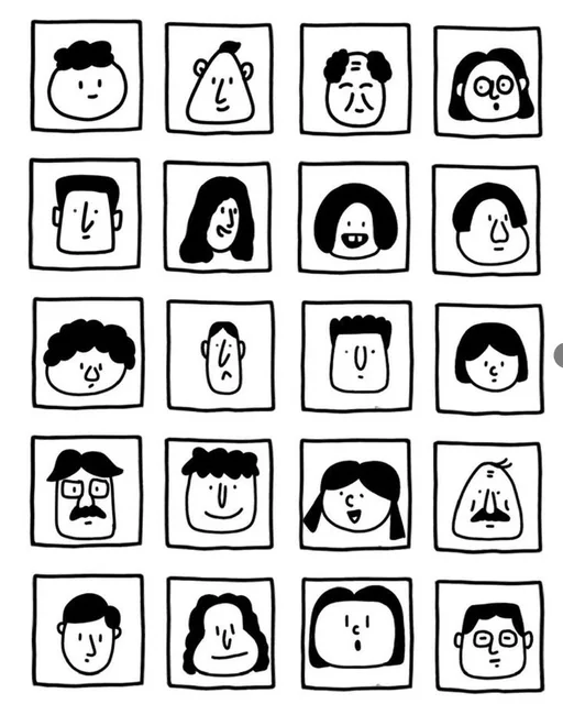 A grid of 24 minimalist, hand-drawn black-and-white portraits, each fitting within a square cell, showcasing diverse simple facial features, hairstyles, and expressions in an edito