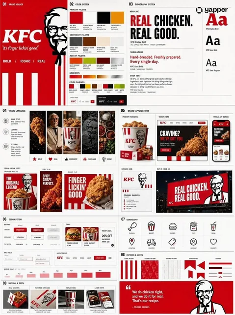 A professional brand identity system poster featuring a multi-column grid layout with brand header, color system, typography, visual language, brand applications, design system, iconography, patterns, and material depth sections. The design is layered, dense, and intentional, extracted from an uploa