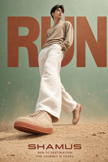 A warm editorial vertical lifestyle sneaker poster featuring a young Asian white man with sharp jawline wearing oversized white cream linen pants and beige crewneck, mid-stride with one foot forward, shot from low ground-level angle, with earthy bold typography 'RUN' in terracotta brown behind the f