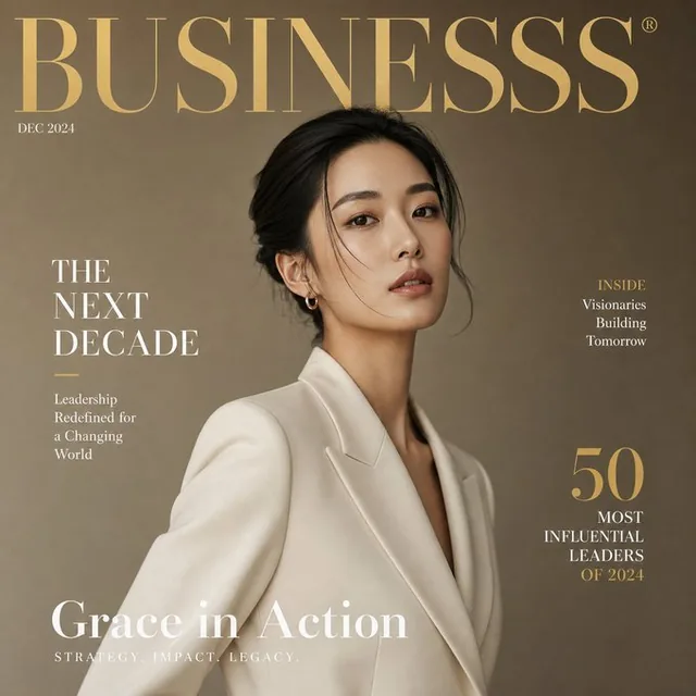 Luxury commercial magazine cover titled BUSINESSS featuring a high-end portrait of an Asian model or business man, ultra premium editorial photography with cinematic lighting and soft shadows, minimalist composition with large negative space, beige cream black background, elegant confident expressio