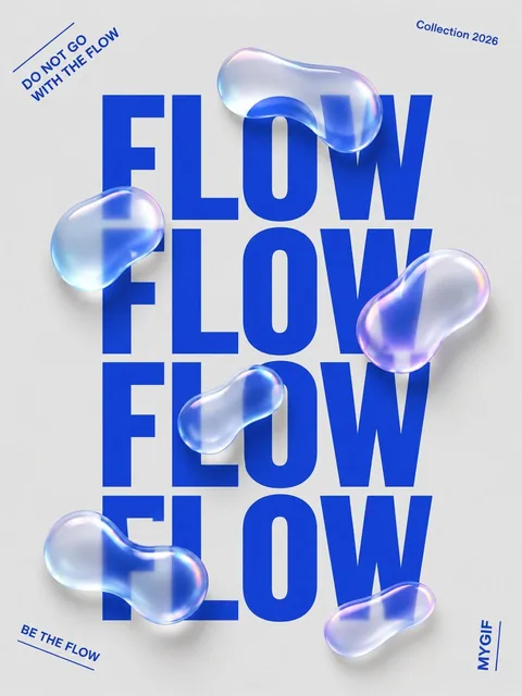 Minimalist poster with the word 'FLOW' repeated vertically in large bold blue sans-serif font, partially obscured by abstract, semi-translucent 3D liquid shapes with iridescent hig
