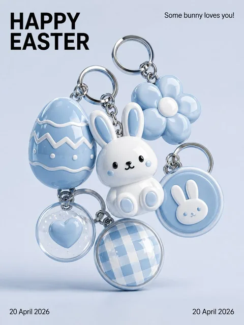 A minimalist Easter-themed 3D keychain poster featuring glossy pastel blue egg, bunny, flower, and spherical charms clustered together with keychain rings, set against a light gray-blue background with black typography reading Happy Easter and Some bunny loves you!