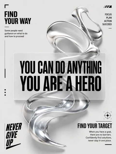 A minimalist motivational poster featuring abstract 3D fluid metallic typography with bold black text overlays on a light gray background, asymmetrical Swiss-grid inspired layout.