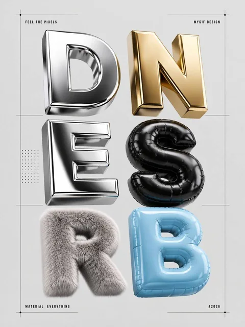 A 3D material typography poster featuring letters D, N, E, S, R, B with chrome, gold, black rubber, soft fur, and light blue inflated textures arranged in a central grid with slight rotations on a minimal gray background.