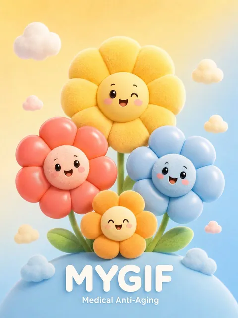 A playful 3D illustration of three cute anthropomorphic flowers with smiley faces, soft pastel colors, balloon-like textures, centered composition with MYGIF text and Medical Anti-Aging subtitle, gradient warm background.