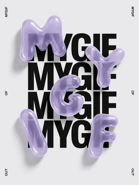 Minimalist experimental typography poster with bold black 'MYGIF' text stacked vertically, overlaid by glossy pastel purple 3D liquid shapes, and small black text elements around t