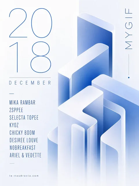 A minimalist futuristic poster design with soft blue and white gradient, abstract 3D geometric shapes forming layered elongated blocks with smooth edges and soft shadows, vertical and horizontal thin sans-serif typography, subtle blur and fading at bottom, clean and airy composition.
