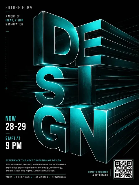 A futuristic minimalist graphic design poster featuring abstract 3D letters forming the word 'DESIGN' in layered linear perspective, gradient teal to dark cyan colors with white outlines on a black background, modern sans-serif typography with top-left and bottom-left aligned text, date and time inf