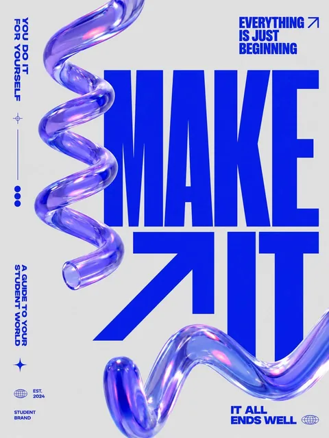 A modern experimental Swiss-inspired poster design for a student brand campaign. Minimal light gray background with bold electric-blue typography and glossy translucent 3D ribbon tubes in deep violet-blue glass material with subtle pink iridescence. Strong asymmetric composition, oversized geometric