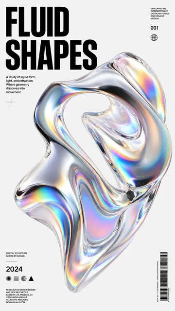 Ultra-modern graphic design poster with a large abstract fluid chrome 3D shape in the center, featuring iridescent rainbow refractions and holographic glass aesthetics. Minimalist Swiss-style layout with white space, bold black typography reading 'FLUID SHAPES' in upper left, barcode and micro text