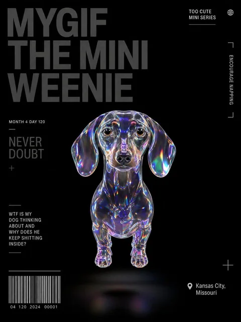 Ultra-modern graphic poster with a small glossy 3D dachshund made of translucent holographic glass floating on a clean black background. Minimalist Swiss-style layout with bold black sans-serif typography and playful editorial text elements. Soft studio lighting with iridescent reflections and subtl