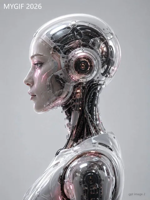 A futuristic transparent humanoid android portrait in profile view, with visible internal mechanical structures, glossy synthetic skin, and subtle pinkish reflections against a minimalist light gray background.