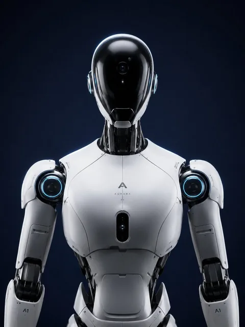 A futuristic humanoid robot with a sleek, minimalist design, featuring a matte white body, glossy black helmet, and subtle blue accents, presented in a close-up studio shot against