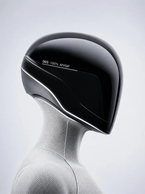 Profile view of a futuristic humanoid robot with a sleek, glossy black helmet displaying '003 100% MYGIF', and a white mesh textile neck, set against a clean, minimalist gradient b