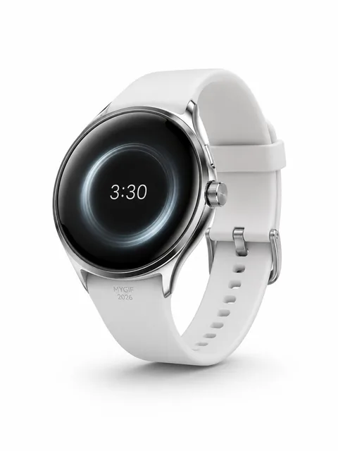 Futuristic minimalist smartwatch with a silver metallic case, white strap, and a clean white dial displaying '3:30', set against a pure white background with soft studio lighting.
