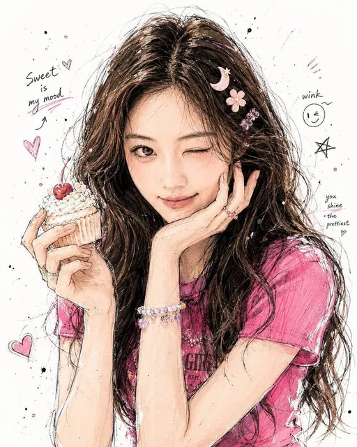 Korean-style hand-drawn character poster featuring a person's likeness with expressive emotions, loose ink lines, pastel colors, and decorative elements on a simple background.