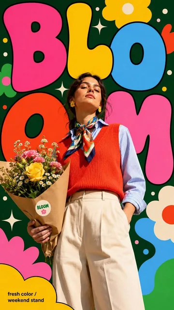 A young woman in street style fashion stands confidently in front of a dark green background, holding a flower bouquet, with giant 'BLOOM' bubble letters and colorful graphic shape