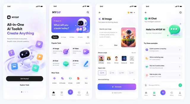 A 5.5x3 app mockup featuring a warm-toned, Apple-inspired design system with Linear aesthetics and subtle 3D elements. Includes a mobile welcome screen without photography, a mobile homepage, and two product/service pages for the MyGif AI toolset platform.