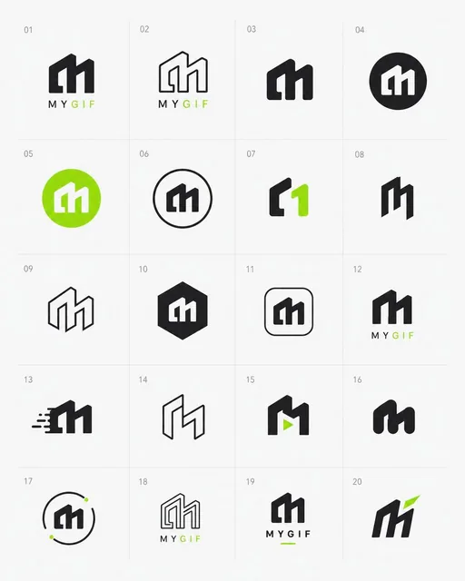 A grid of 16-20 minimalist logo variations based on an uploaded image, featuring geometric, line art, negative space, emblem, and monogram styles on a light background, clean and modern layout.