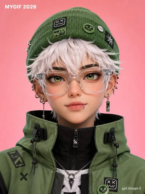 A stylish 3D character portrait featuring a young person with short white hair, large green eyes, and freckles, wearing a green beanie with patches, transparent glasses, multiple ear piercings, and a high-collared green jacket, set against a solid pink gradient background with soft studio lighting.