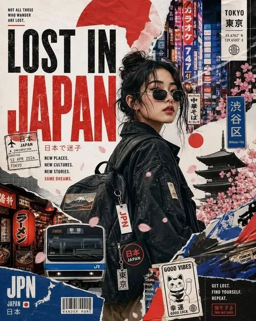 A stylized travel poster featuring a fashionable international tourist exploring Japan, surrounded by iconic landmarks, food, and cultural elements in a graphic collage style with paper textures and bold typography reading 'LOST IN JAPAN'.
