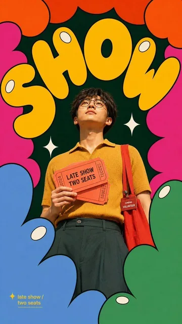 A low-angle fashion portrait of a model centered in a pop art poster with oversized cropped bubble letters, sparkle marks, and candy colors like hot pink, yellow, and green against a dark green background.