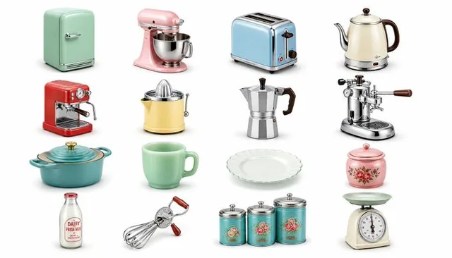 A collection of 16 retro kitchen appliances rendered as soft 3D icons, arranged in a clean grid on a pure white background. Each icon features pastel colors and chrome accents, floating with gentle drop shadows.