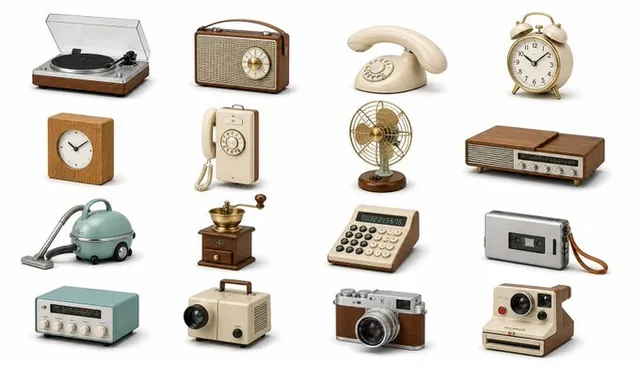 A collection of 16 modern 3D icons featuring retro Scandinavian and Nordic gadgets, rendered in a soft, minimalist style with warm wood and brushed metal textures, floating on a clean white background with gentle drop shadows.