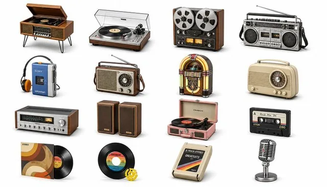 A modern 3D icon set featuring various retro audio and home-hi-fi gadgets like record players, boomboxes, and microphones, arranged in a clean grid on a pure white background with soft drop shadows.
