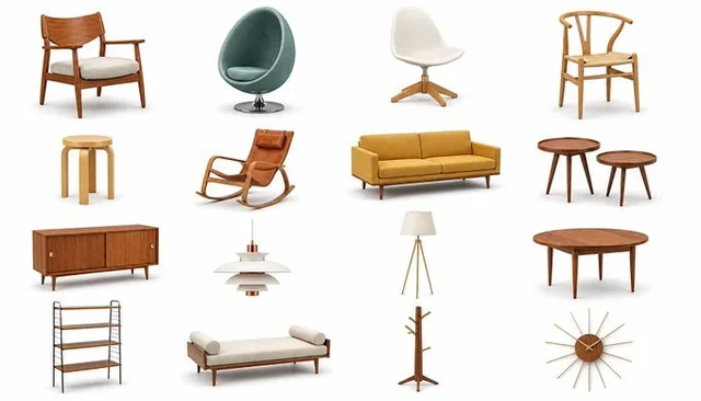 A collection of modern 3D icons featuring Scandinavian and Nordic furniture and lighting, displayed in a clean grid on a white background with soft shadows.