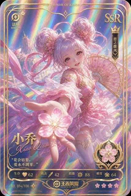 A pink and white magical girl with twin buns, long gradient pink-purple hair, and a sakura-themed dress, holding a golden fan surrounded by cherry blossom petals in a dreamy castle setting with rainbow light effects.