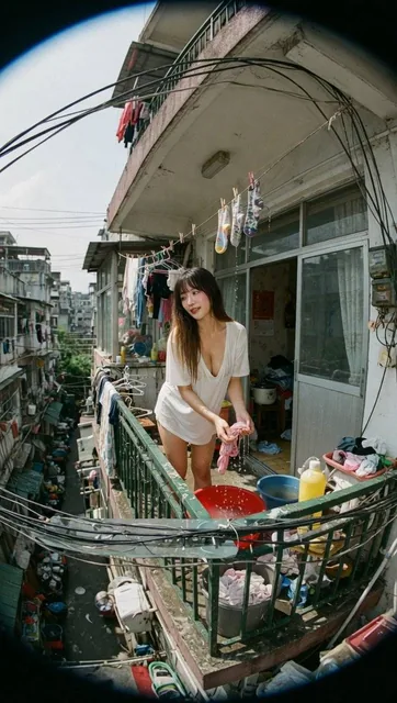Ultra-realistic documentary portrait of a seductive East Asian K-pop stunner with S-curves, deep V, long brown ombre hair with bangs, natural fresh makeup, bending over on a narrow 2nd floor balcony wringing wet clothes from a basin, water droplets falling, wearing a loose white men's T-shirt, messy