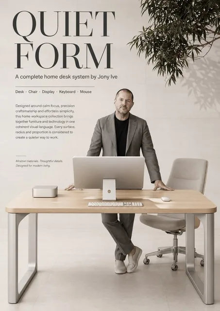 A sophisticated interior design magazine-style poster featuring a minimalist home desk set, chair, computer, and keyboard, with a designer standing behind the desk.