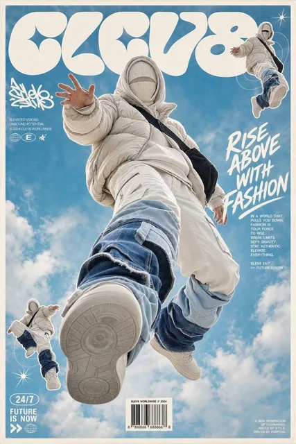 A high-end futuristic streetwear fashion poster with a faceless avant-garde model in a beige puffer jacket and white cargo pants, leaping through a cyan-blue sky. Features Y2K typography, collage elements, and extreme low-angle perspective.