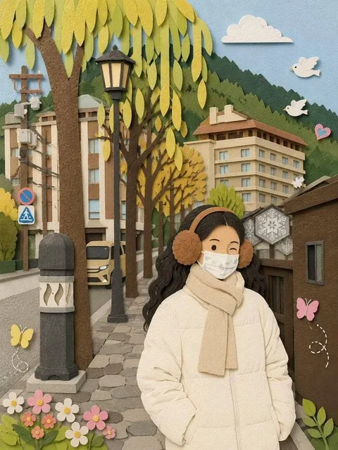 A paper craft style recreation of the uploaded image, with simplified details suitable for paper craft artwork. The composition is visually pleasing, soft, and cute, enhanced with charming decorative elements like birds, butterflies, and flowers to create an adorable atmosphere while matching the or