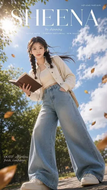 A young woman with braided hair and preserved facial identity, shot from a low angle with a wide-angle lens, wearing stylish campus fashion with autumn leaves. Features magazine typography.