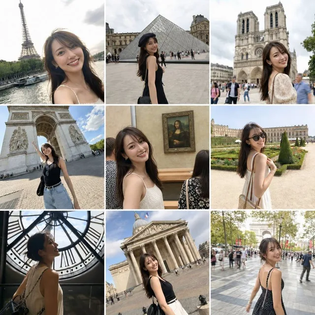 A 3x3 grid collage of 9 travel vlog-style photos featuring a Japanese female traveler exploring iconic Paris landmarks, captured with a low-quality smartphone aesthetic including overexposure, motion blur, and grain.