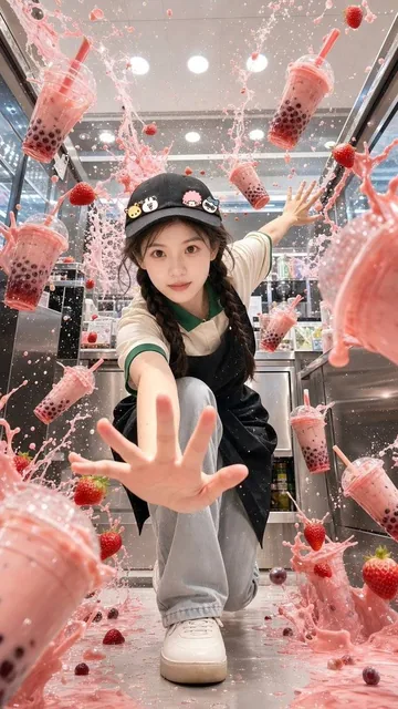 A dynamic, ultra-realistic action portrait of an East Asian woman in a modern bubble tea shop, captured mid-motion with strawberry milk tea splashes and floating cups, using her uploaded photo for facial reference.